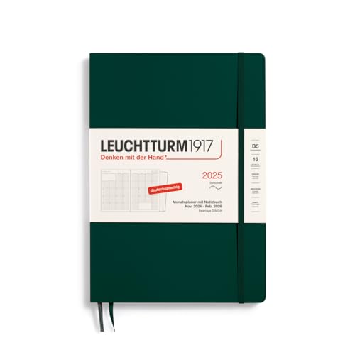 LEUCHTTURM1917 370605 Monthly Planner & Notebook 2025, Composition B5 Softcover - 16 Months, 80 g, Lined - Forest Green