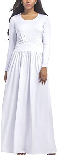 Chns Women's Plus Size Crew Neck Long Sleeve Pleated Loose Swing Casual Maxi Dress Ladies Spring Autumn Dresses White-XL