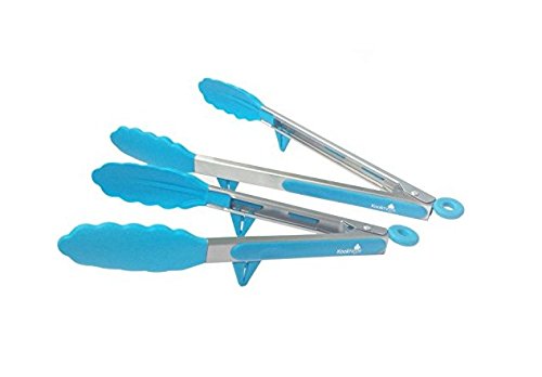 Kooknook Premium Silicone Kitchen Tongs Set With Stand For BBQ, Salad, Grilling, Frying, Cooking, 2-Pack (12-inch & 9-inch), Light Blue