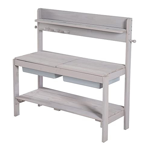 roba Children's Kitchen Sand and Water Fun – Multifunctional – Outdoor Table for Outdoor Activities with 2 Tubs – Lid in Solid Wood Lacquered Grey