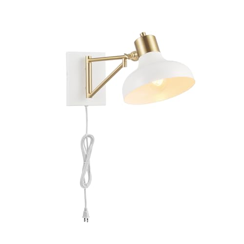 Globe Electric Berkeley 1-Light Plug-In or Hardwire Swing Arm Wall Sconce, White, Brass Accents, White Cloth Cord 51344