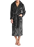 David Archy Men's Fleece Hooded Robe Plush Shawl Collar Long Bathrobe (M/L, Dark Gray)