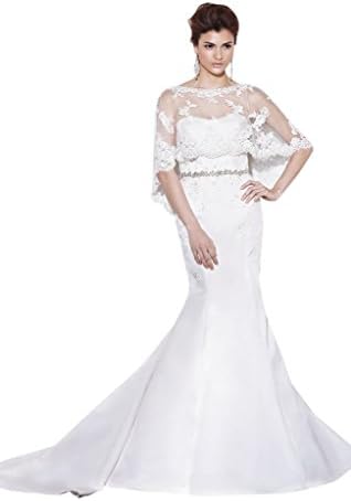 Yudear Women's Mermaid Bateau Short Sleeves Buttons Wedding Dress US 18 White