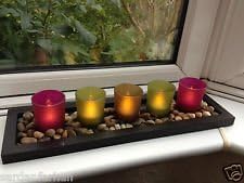 5 Piece Serenity Jewel Candle Set Glass Votives Wooden Base Tealight River Rocks NEW