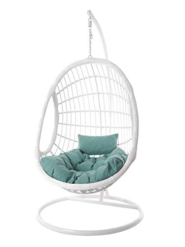 Kideo® Komplettset: großer Hängesessel mit Gestell & Kissen, Hängesessel weiß, Lounge Möbel, Poly-Rattan, weiß (Kissen: türkis Chesterstepp (5060 Ocean)) – Bild 3