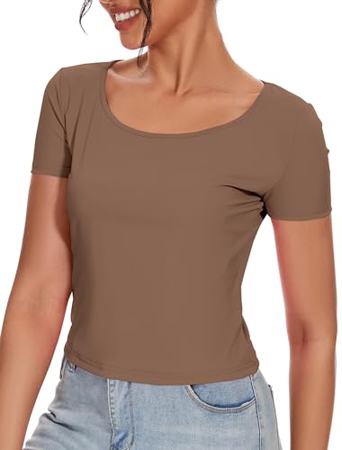 WOMENS T SHIRTS CREW NECK SHORT SLEEVE SHIRTS FOR WOMEN TOPS 2024 CASUAL SLIM FIT FASHION BASIC TEE T SHIRTS(TIRAMISU,M)