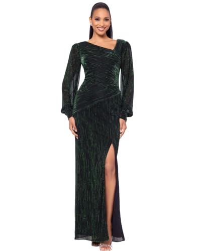 Betsy & Adam Women’s One-Shoulder Shimmer Long Sleeve Maxi Dress with Side Slit, Black/Green