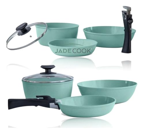JadeCook Bateria de Cocina Jade Smart de 10 Piezas Recubrimiento Antiadherente con Mango Removible Sarten 20 cm Cacerola 20 cm Wok 24 cm Libre de Toxicos Set de Ollas para Cocina