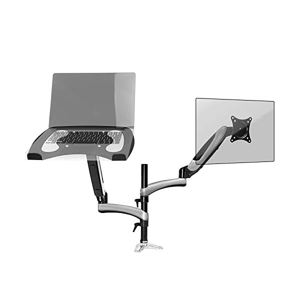 Soporte Pantalla de 15" a 27" + Plataforma Suplementaria Ordenador Portátil o Teclado con Brazo de 57 cm - Sistema de Muelle a Gas