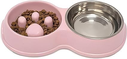 Fur & Bone Double Slow Feeder Dog Bowl | Raised Dog Bowl with Non-Slip Bottom | Stainless Steel Bowl | Detachable Raised Cat Bowl (Pink)