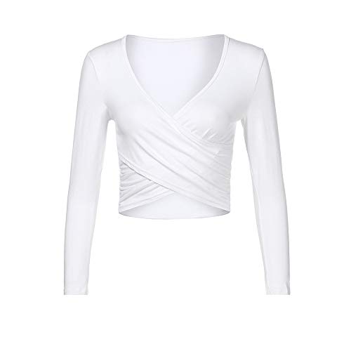 POQOQ Tops Women Deep V Neck Long Sleeve Unique Slim Fit Cross Wrap Shirts Crop