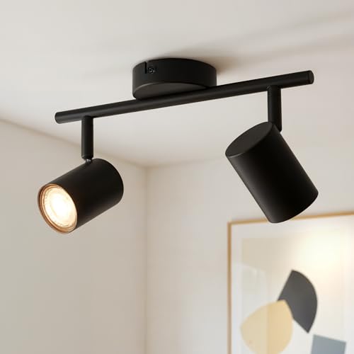 Gr4tec LED Ceiling Light with 2 Adjustable Spotlights, Modern Black Ceiling Spotlight, GU10 Spotlights and Rails, Indoor Wall Light for Kitchen, Bedroom, Hallway, Without Bulb