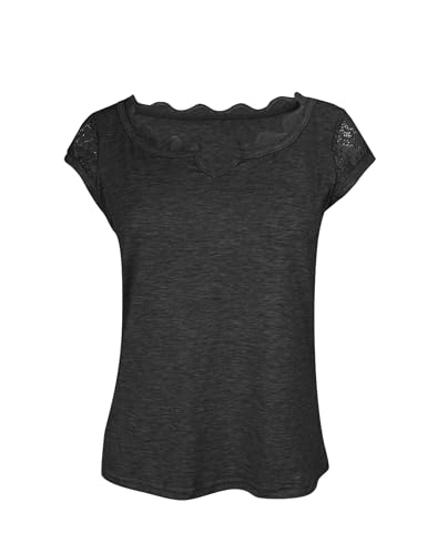 FANWAY&EC WOMEN’S CASUAL SHORT CAP SLEEVE LACE TRIM T SHIRT SEXY SLIM FIT SOLID TEE SUMMER TOPS CHARCOAL