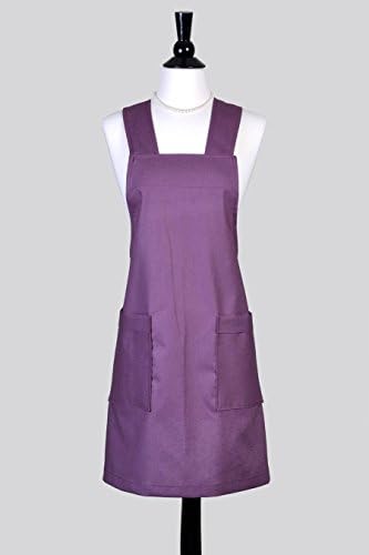 Linen Japanese Crossover Cross Back Womens Kitchen Apron with Pockets in Purple Plum Kaufman Essex Linen - Monogram Embroidery Option