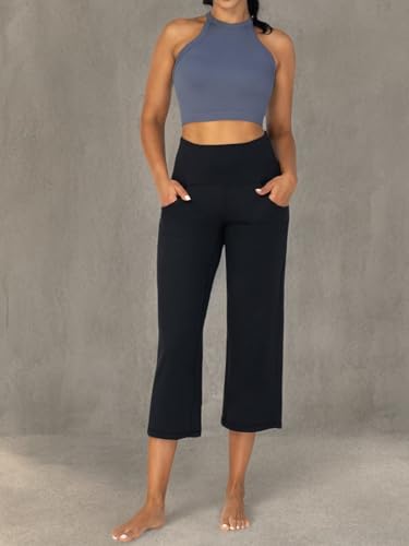 SUNZEL WIDE LEG CAPRI PANTS FOR WOMEN WITH POCKETS, HIGH WAISTED TUMMY CONTROL YOGA PANTS, FLARE LOUNGE CASUAL CROPPED PANTS 25″ BLACK X-LARGE