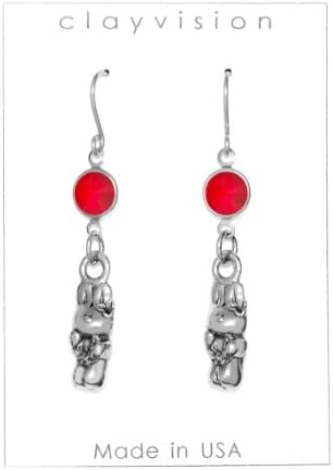 Clayvision Hula Rabbit Charm Earrings with Ruby Colored Swarovski Crystals Red July