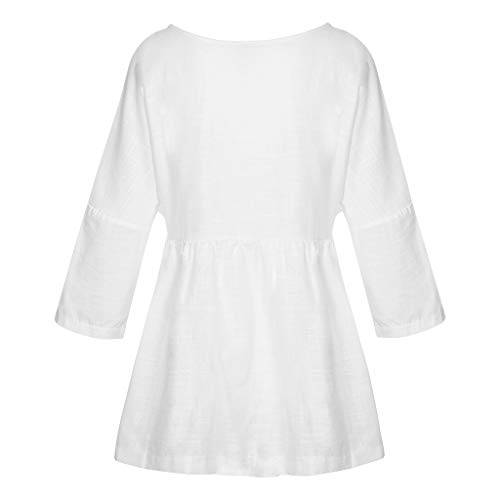 Alangbudu Women Cotton Linen High Waisted Swing Flare Hem Pullover Loose Blouse Long Sleeve Shirt Casual Tops Leggings White