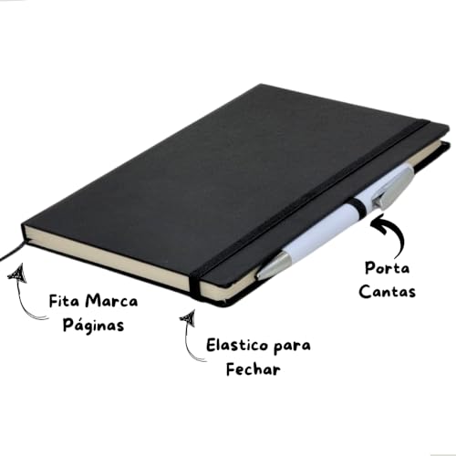 Caderneta A5 Tipo Moleskine Executiva, Capa em Couro Sintético Premium, com Elástico para Fechar, Fita Marca Páginas e Porta Caneta (Preto com Pauta)