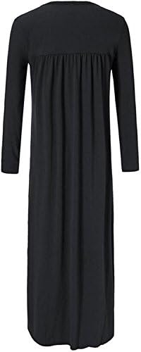 JINGJQINGCAO Chic Women's Casual Long Sleeve V-Neck Pleated Maxi Long Dress BlackLarge