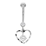 Heart Framed CZ 14K White Gold Dangle Belly Button Ring