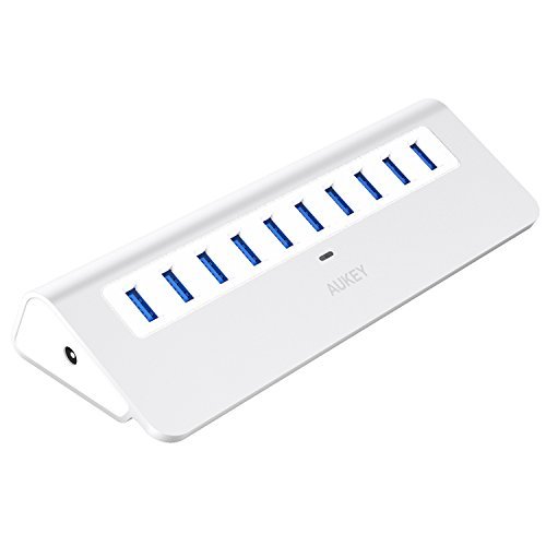 AUKEY Powered USB Hub, Aluminum 10 Port USB 3.0 Data Hub 12V/3A Power Adapter, 3.3ft USB Cable MacBook Air, Mac Mini, iMac, Laptop, PC, USB Flash Drives, HDD Hard Drive (Silver)