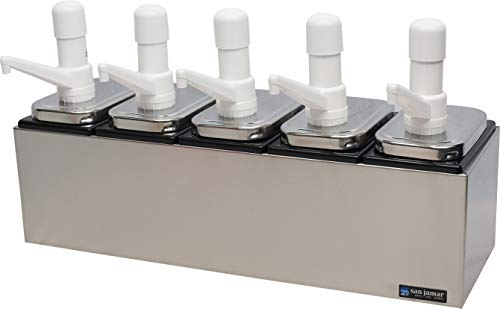 San Jamar P9715 Stainless Steel Condiment Pump Service Center with 5 Wells Black Jars, 24" Length x 7-7/8" Width x 12-1/2" Height