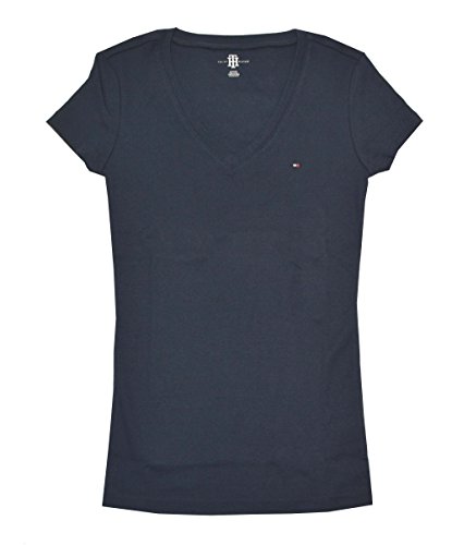 Tommy Hilfiger Womens V-Neck Solid Color Logo T-Shirt - M - Navy