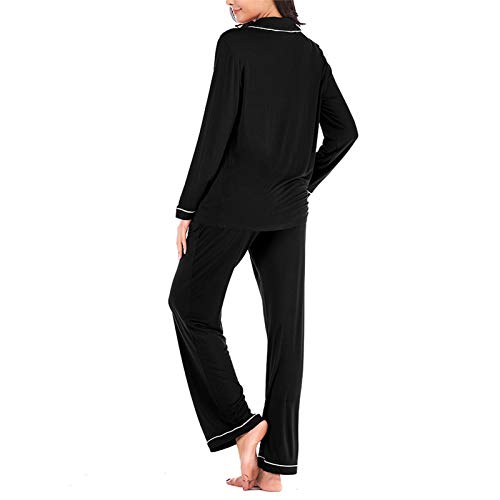 Pajamas Set for Womens 2 Piece Nightwear Long Sleeve Button Down Sleepwear Soft Pjs Black XXL