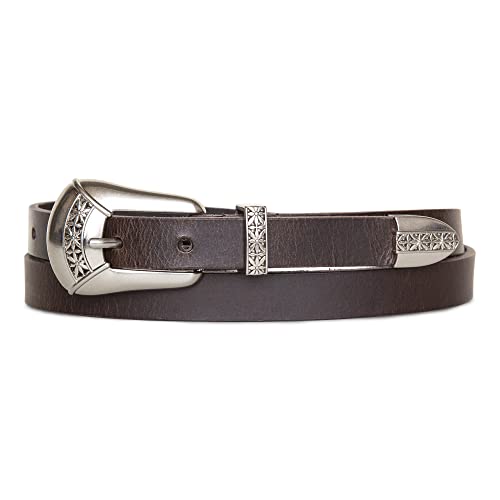 Lucky Brand Cinto feminino de couro moderno estilo ocidental com fivela de metal, Fivela ocidental - marrom, S (26-27")
