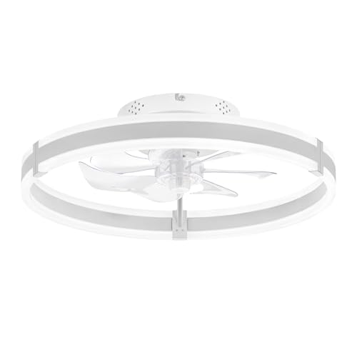 Low Profile Ceiling Fans with Lights and Remote, 19.7'' Modern Flush Mount Ceiling Fan, Dimmable LED Small Fan Light, 6 Speeds, Fandelier Fans with LED Light for Bedroom, White