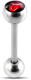 Black ROLLING STONE Logo Tongue Ring. 14Gx7/8(1.6x22mm) 316L Surgical Steel Barbell with 6/6mm Ball Tongue Piericng jewelry. Price per 1 Piece only.