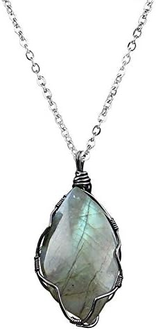 HERLANKKI Handmade Wire-Wrapped Natural L-abradorite Necklace Irregular Shape Stone Pendant Crystal Jewelry