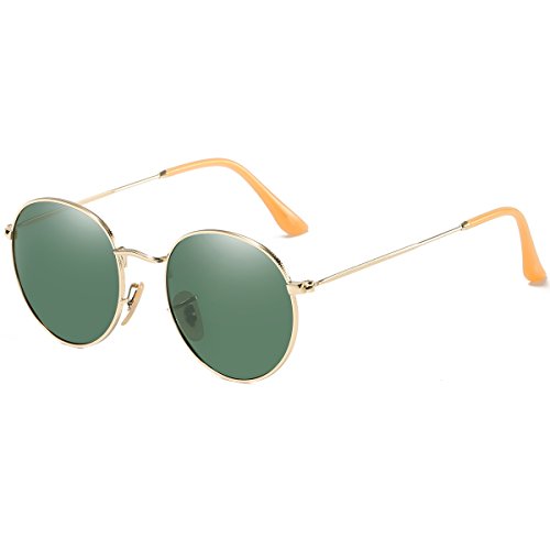 Dollger Lennon Style Vintage Circle Hippie Sunglasses with Polarized Lens (Crystal Green Lens+Gold Frame, Premium Polarized Lens)