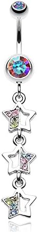 Triple Sparkling Star Belly Button Ring (Aurora Borealis/Rainbow)