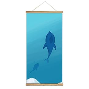 Hanging Poster with Wood Frames Blue Whale Canvas Artwork Wall Picture Home Decoration - 18"x36"