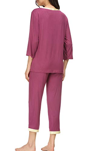 Invug Women 3/4 Long Sleeve Shirt Pants Set Sleepwear V Neck Long Pajamas Loungewear Dark Rose S - Thumbnail 2