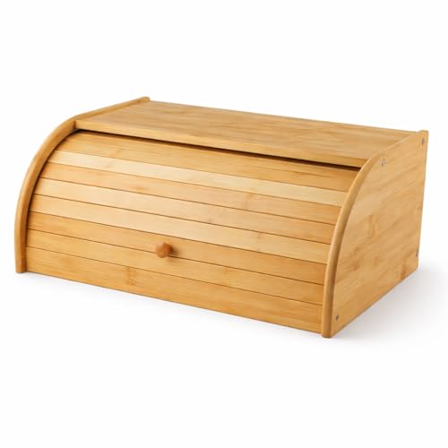 Porta Pão de Bambu Tampa Retrátil 40x27x16 cm Organizador para Bancada Armazena Pães e Bolos Abertura Deslizante Compacta Estrutura Natural Resistente para Cozinha e Mesa Posta