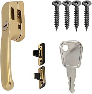 FixRello Fastener Casement Window Handle for Timber Surfaces | with Key, Mount/Wedge and Screws for Easily Installation and Security (4, Gold)