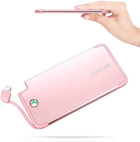 Luxtude 5000mAh Portable Charger for iPhone, Ultra Slim Mfi Apple Certified Battery Pack Built in Lightning Cable, Fast Charging Power Bank for iPhone 12/11 Pro/X/XR/XS Max/8/7/6 Plus, Rose Gold Pink.