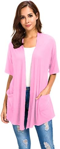 Womens Short Sleeve Open Front Lightweight Casual Comfy Long Line Drape Hem Soft Modal Cardigans Sweater with Two Pockets