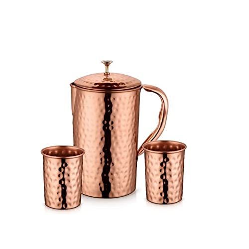 RATNA Hammered 100% Pure Copper Jug Pitcher with 2 Glass Drinkware Hammered Finish Ayurveda Health Benefit