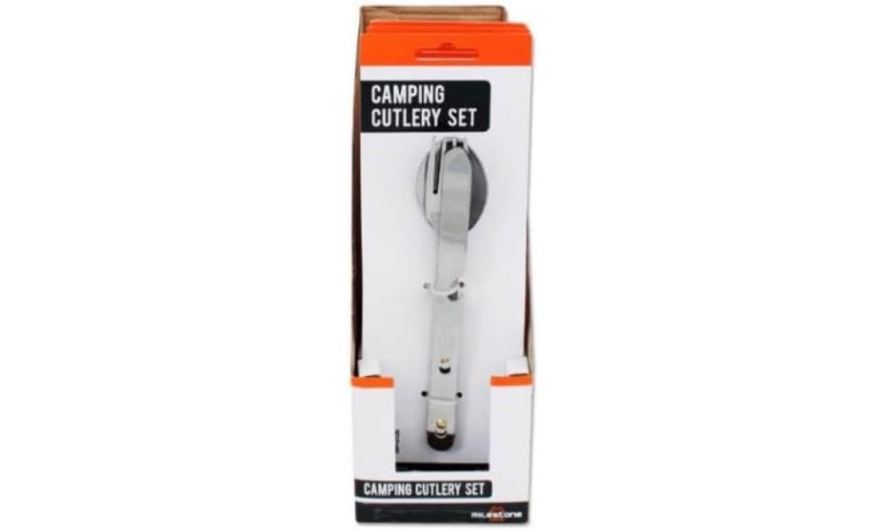 Milestone Camping 65660 4-in-1 Camping Utensils Set / Contains Fork, Knife, Spoon / Built-In Bottle Opener Included / Stainless Steel Material / Storage Lock System, Silver