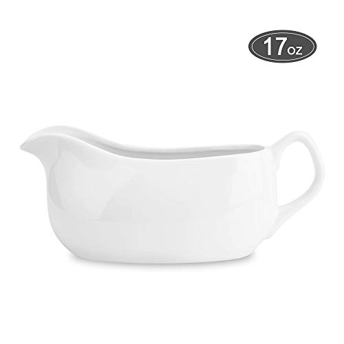 Nucookery Large 17 Oz Gravy Boat With Ergonomic Handle | White Fine Porcelain Saucier With Big Dripless Lip Spout | For Gravy, Warming Sauces, Salad Dressings, Milk, More | Microwave & Freezer Safe