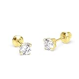 14k Yellow Gold 2, 3, 4, 5, 6mm Basket Round Cubic Zirconia Children Screw Back Baby Girls Earrings