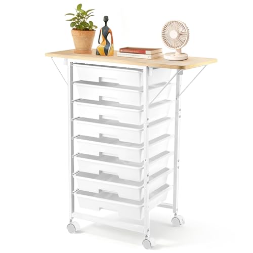 Rolling Storage Cart with Drawers, Craft Storage Cabinet with 8 Drawers and Wooden Tabletop, Utility Cart with Foldable Dual Side Panels & Wheels for Bedroom, Bathroom, Dorm, Office, Kitchen, White