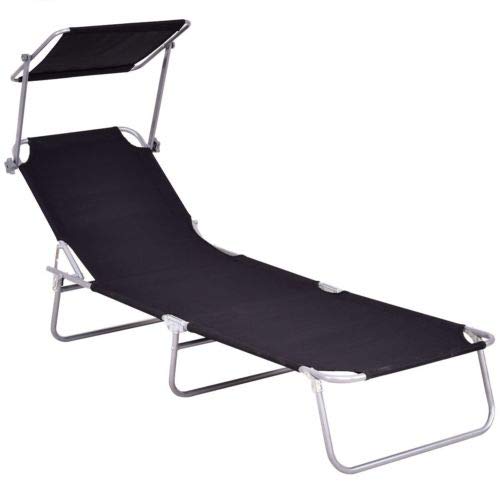 Heize best price Black Foldable Outdoor Relax Chaise Lounge Beach Chair Bed Camping Recliner w/Canopy Cot Outdoor Portable Military Bed Hiking(U.S. Stock)