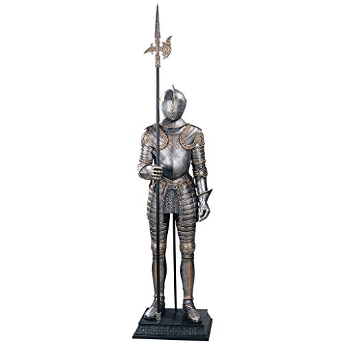 Design Toscano 16th Century Italian Armor with Halberd Medieval Knight Statue, 6 Foot, Faux Pewter