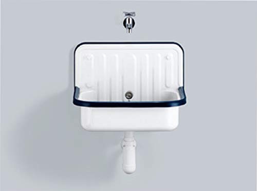 AP Wall Mounted Small Service Sink Glazed Steel Utility Sink, with Overflow, Dark Navy Blue Trim