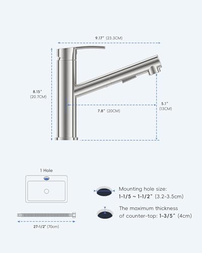 APPASO Kitchen Faucet, Brushed Nickel Kitchen Mixer Tap with Pull Down Sprayer 2 Modes, Single Handle Low Arch Bar Sink Faucet 1 Hole, S304 Stainless Steel No Rust