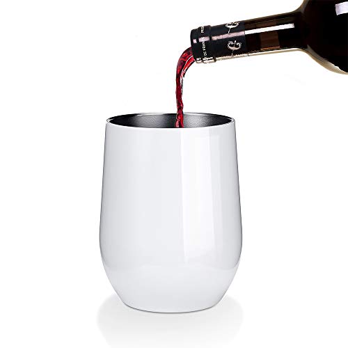 2 Pack 12 oz Wine Tumbler with Lids, Double Wall Vacuum Insulated Stainless Steel Stemless Wine Glass, Travel Coffee Mug Cup for Wine, Drinks, Champagne, Cocktails (Include Straws & Brush) (White)
